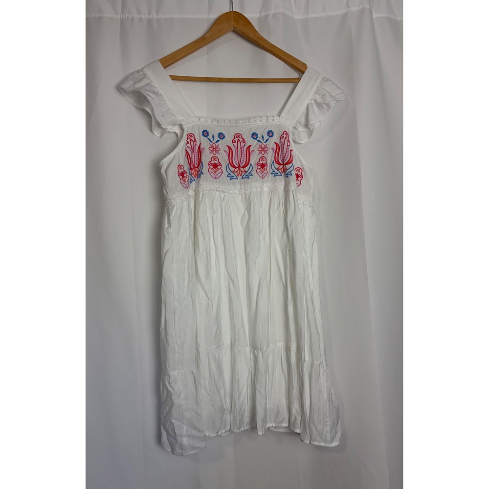 Blu Pepper White Embroidered Ruffle Sleeve Boho Mini Dress Women Medium